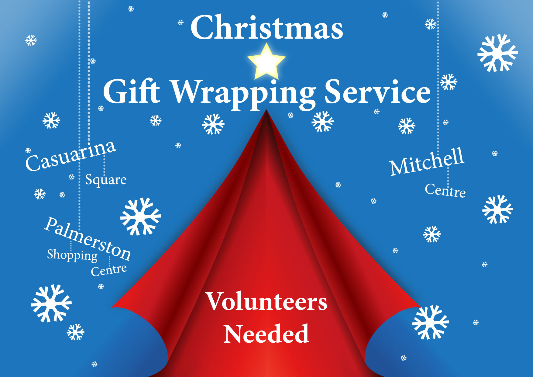Somerville gift wrapping services offered at Casuarina Square, Palmerston Shopping Centre and Mitchell Centre. Volunteers welcomed.